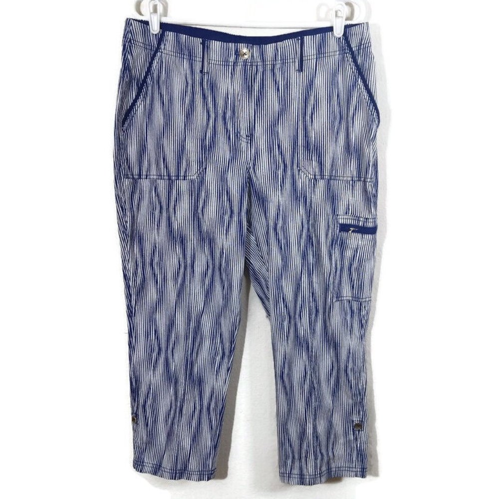 Chico's Women Roll-Up Elastic Waist Side Zip Pocket Pants Blue Striped Size 12